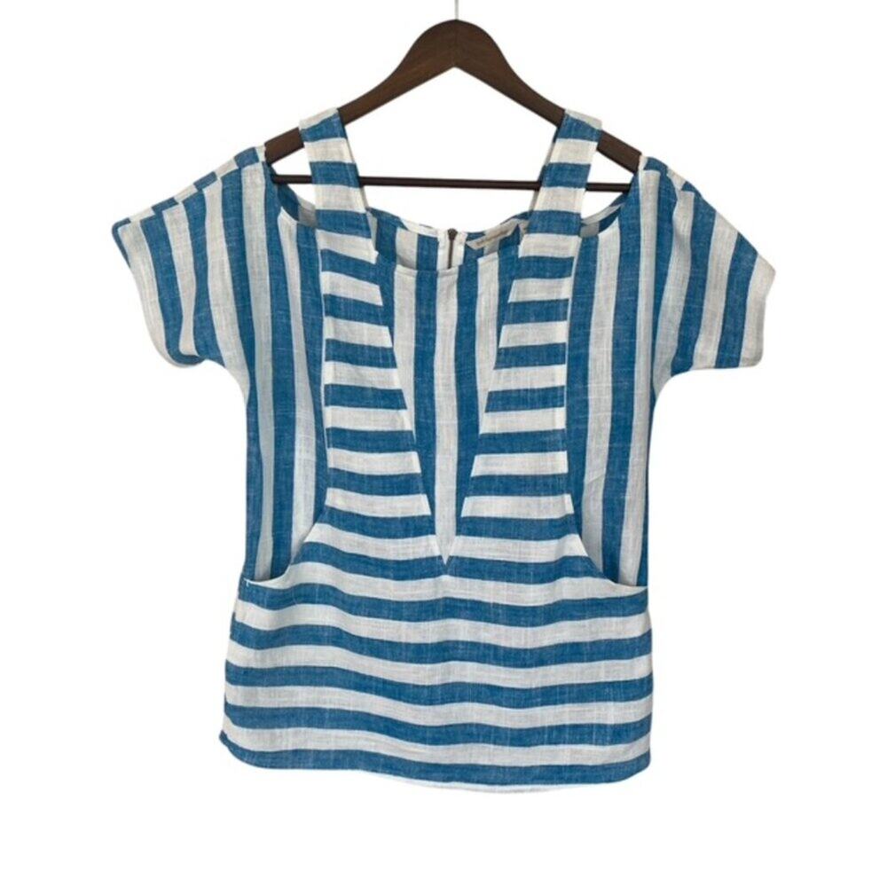 Soft Surroundings Teal and White Striped Peek-a-Boo Linen Blouse - XS Petite